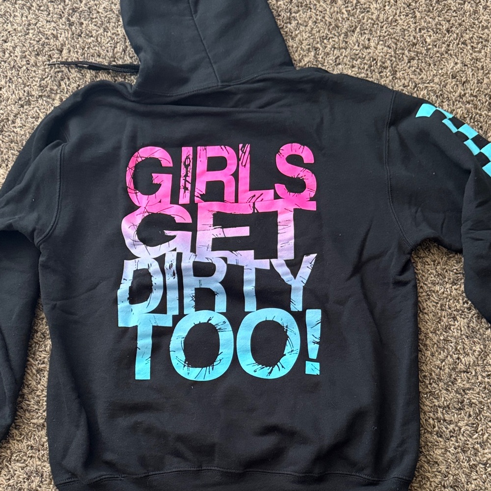 Off Road Vixens Girls Get Dirty Too! Black Hoodie with Pink-to-Blue Ombre Print